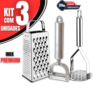 Kit Utensílios de Cozinha Amassador de Batata Descascador de Legumes e Ralador Inox Kit 03