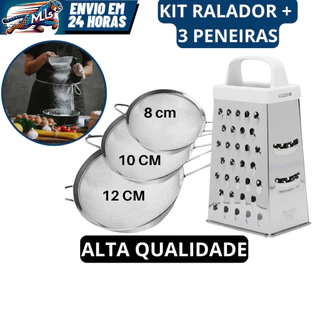 Kit Ralador 4 Faces + 3 Peneiras Coador 8-10-12 CM Em Aço Inox Para Cozinha Coa Sucos Polp