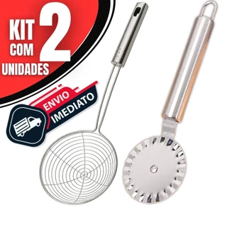 Kit 2 Escumadeiras De Fritura + Carretilha de Fechar Pastel | Utensílios Cozinha em Aço In