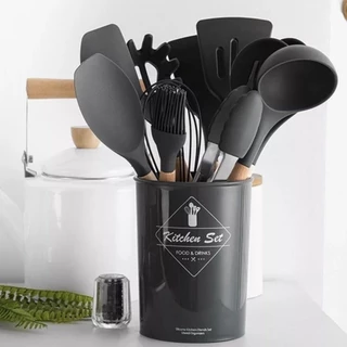 de Jogo Cozinha Kit C/12 Peças de Silicone, Utensílios e Copo Suporte para Cozinha Cabo de
