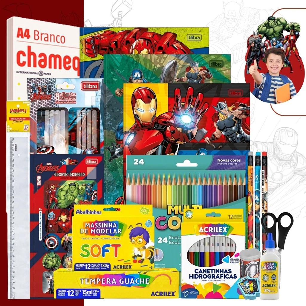 Kit Material Volta As Aulas Avengers 74pcs com Cadernos Completo Ensino Fundamental ou Infantil