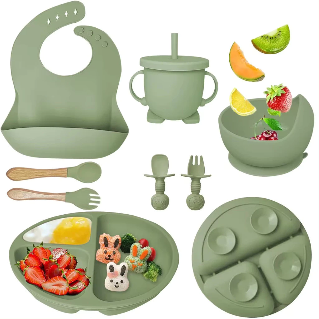 kit 8 Peças Talheres alimentação bebê silicone - Kit Talheres Infantil Com Ventosa Canudo Colher Babador Garfo