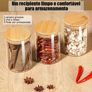 Porta mantimentos potes de vidro de alta qualidade 200ml kit 1 a 6 tampa bambu hermético p