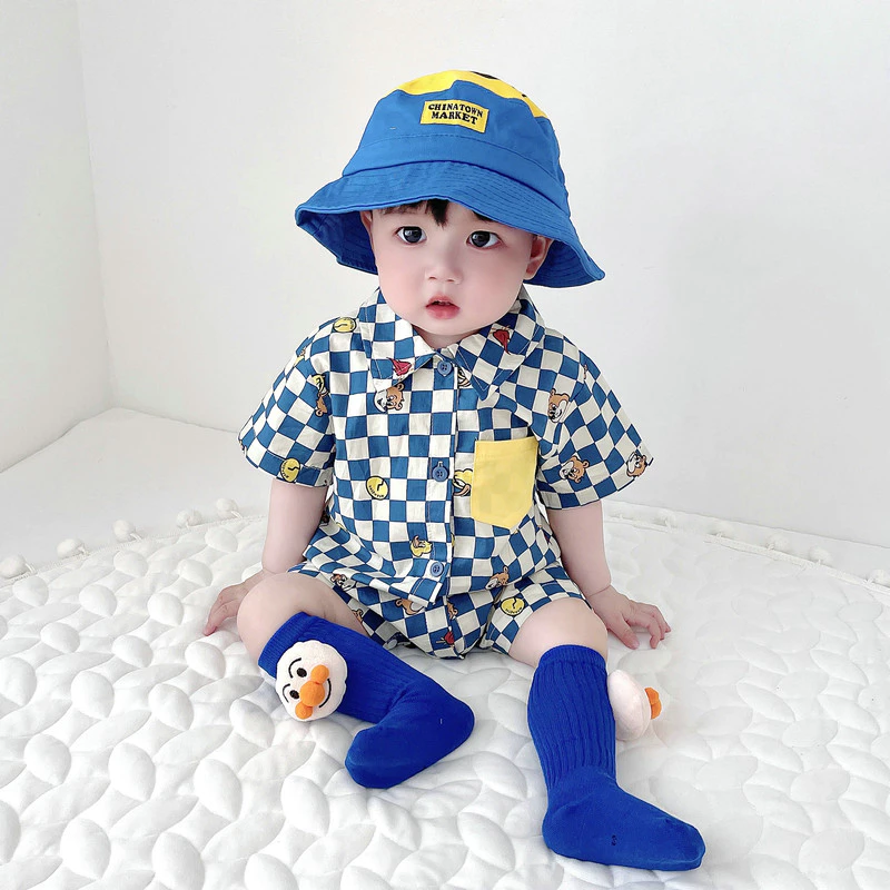 Coreano moda moda roupas da moda menino bebê macacão xadrez dos desenhos animados do bebê macacão verão na moda