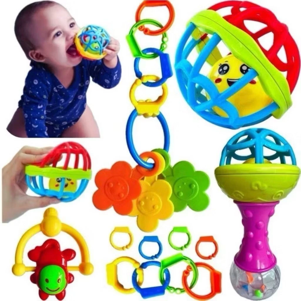 Kit 8 Brinquedos Bebe Chocalho Mordedor Silicone Macio Bola Colorida Para Meninas/Meninos Móbile