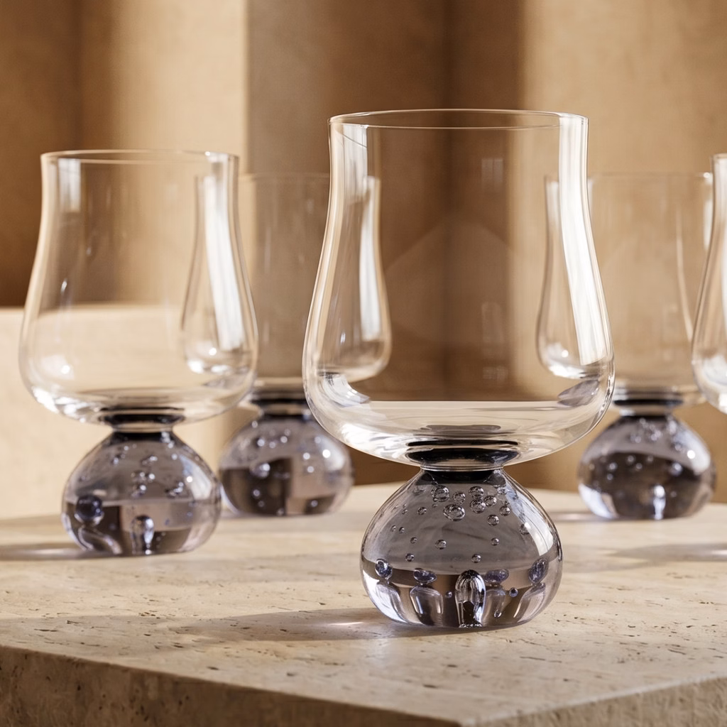 Jogo 6 Copos em Vidro Base Bola Esfera Bubble Fumê e Transparente 440ml Luxo Instagramavel