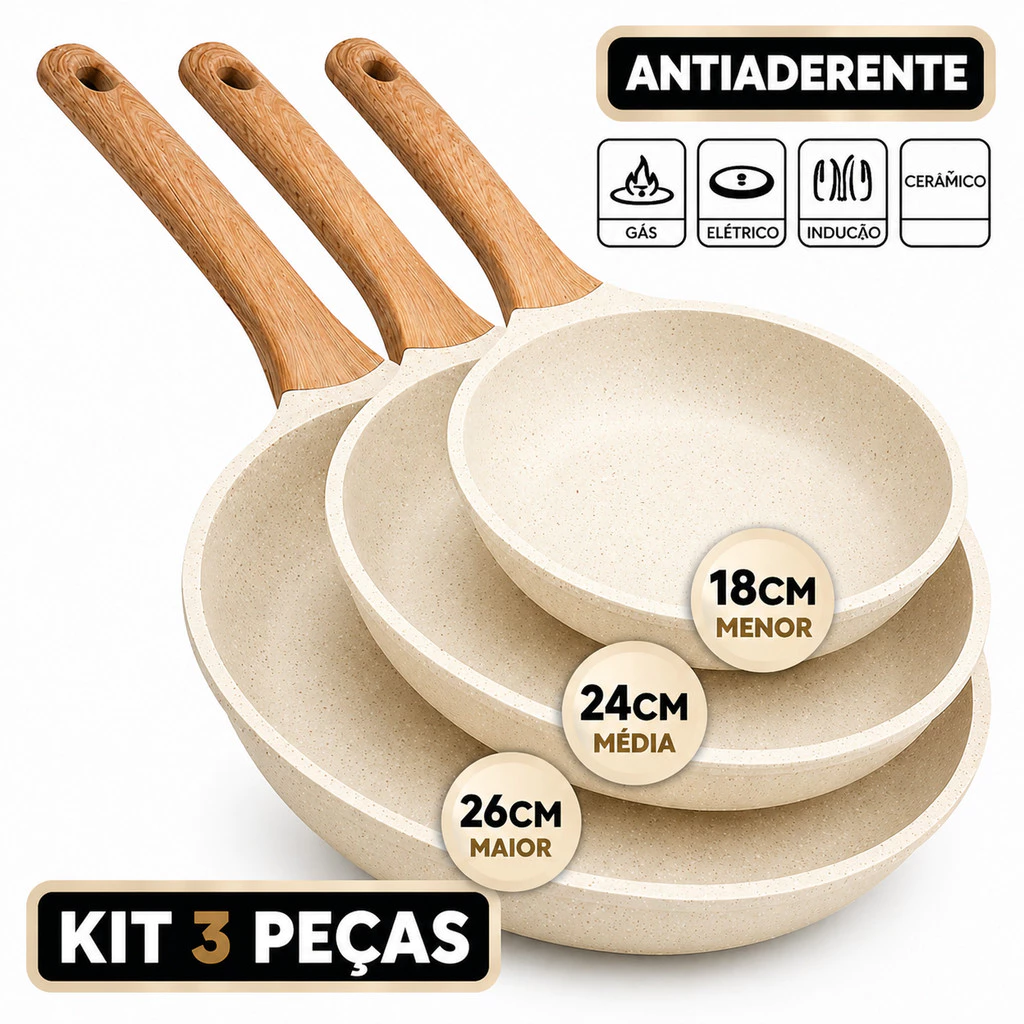 3 Frigideira 26cm e 24 cm e 18cm Creme Antiaderente Indução de Alumínio Revestimento Cerâmico Premium Cabo Madeira