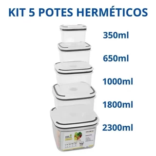 Kit De 5 Potes Herméticos Plastico Para Mantimentos Micro-ondas Alimentos Geladeira Frutas