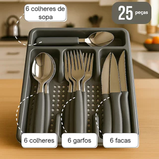 Kit Jogo de Talheres Inox 24 Pecas Com Brinde Suporte Gaveteiro Premium Brinde Talher Sort