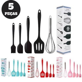 Kit 5 Utensílios de Cozinha Silicone Colher Espátula Fue Espátula Pequena Pincel
