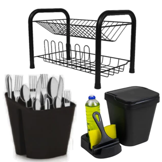 Kit Completo Organizador de Cozinha Escorredor de Louça em Aço + Lixeira 5L + Porta Deterg