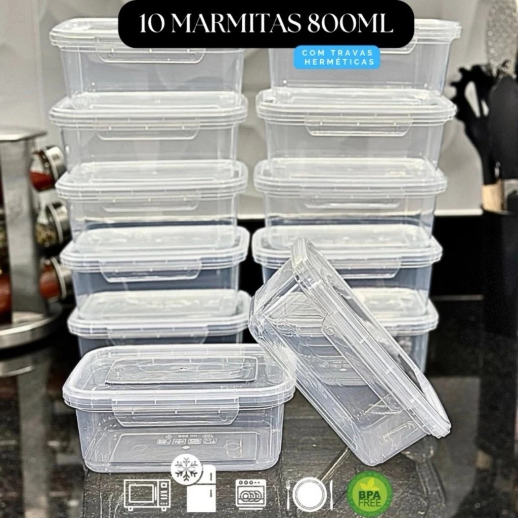 Kit 10 Marmita conjunto Potes 750ml com Travas Laterais BPA FREE - Alimentos organizadores de congelador