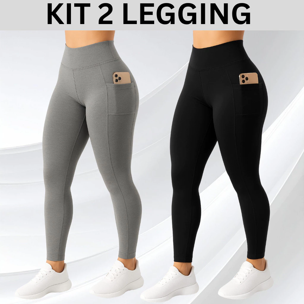 Kit 2 leggings com bolso lateral e cós alto