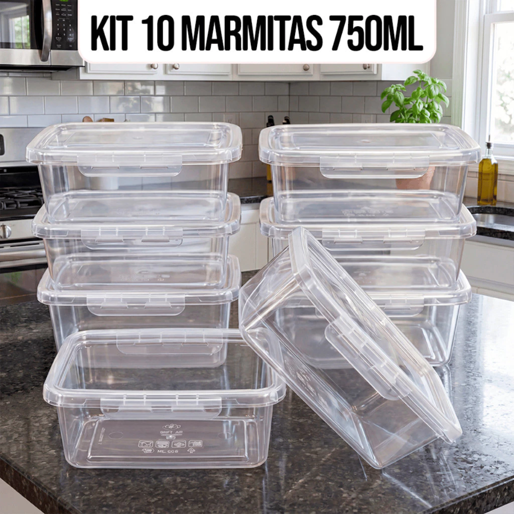 10 Unidades de Marmitas 750ml Travas Laterais hermeticas Livres de BPA Alimentos organizar congelador - KAZIVA