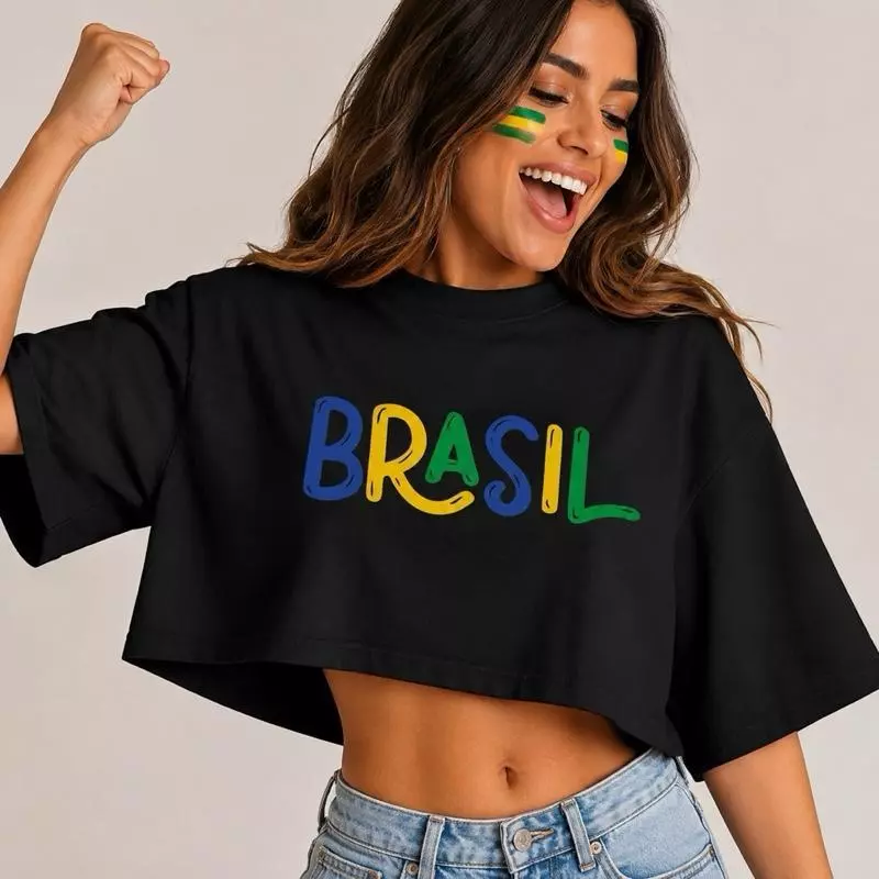 Camiseta Cropped Over do Brasil Camisa Curta Blusa Feminina Copa do Mundo Tshirt Brasil Minimalista Algodão camisa cropped