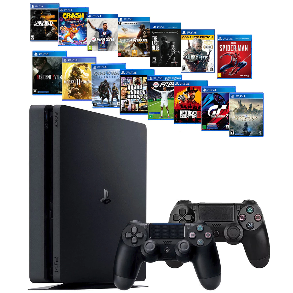 PlayStation 4 PS4 Slim 500GB / 1000 GB com 1 ou 2 Manetes + Ea Fc Fifa 26 + God Raganarok + Gta 5 + 40 Jogos Ps4