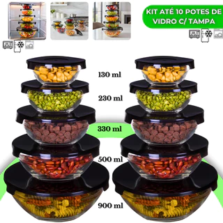 Kit até 10 Potes de Vidro Hermético com Tampa Redondo Tigela Micro-ondas Freezer Marmita E