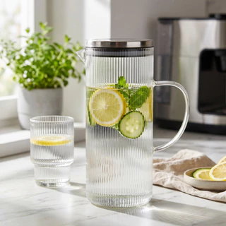 Jarra de Vidro Borossilicato 1,4L Tampa Inox Canelada Suco Chá Água Gelada Mesa Presente