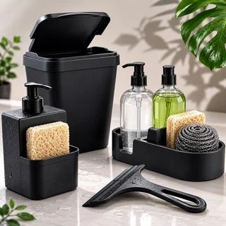 Kit Pia Cozinha Organizador Completo Luxo Lixeira 5L Porta Detergente Porta Esponja Rodinh