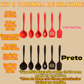 Kit 6 Peças De Silicone Concha Espátula Escumadeira Colher Vazada Preto Ou Vermelho Para C