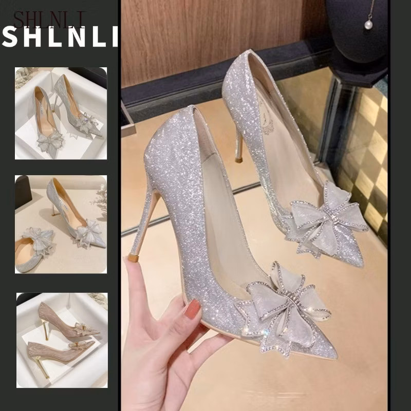 Primavera E Outono Feminino Prata Strass Arco Apontou Salto Alto Casual Elegante Sapatos De Casament