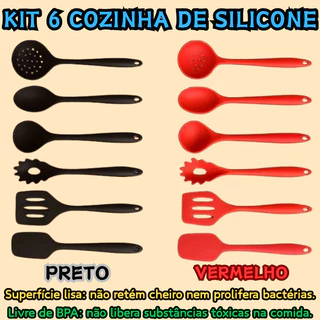 Kit 6 Peças De Silicone Espátula Para Cozinha Concha Escumadeira Colher Vazada Vermelho Ou