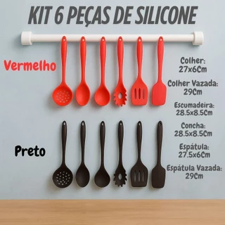 Kit 6 Peças De Silicone Espátula Concha Escumadeira Colher Vazada Para Cozinha Preto Ou Ve