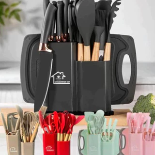 Kit Utensílios de Cozinha 12/19 Peças • Silicone com Cabo de Madeira • Completo e Resisten