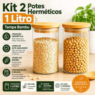 🌿 Kit 2 Potes de Vidro Hermético 1000ml c/ Tampa Bambu 🏡 Porta Mantimentos Alimentos Pre