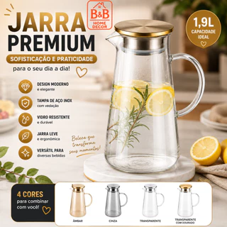 Jarra de Água de Vidro 1,9L Tampa Inox Elegante para Servir Sucos e Bebidas Geladas