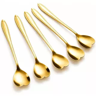 Kit Jogo Colher Coração Talher Fofa Café E Chá Sobremesa Luxo Torta Bolo Dourado Mesa Post