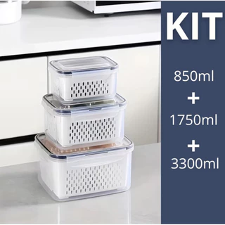 Kit 3 Organizadores Potes Hermetico 850ML/1750ML/3300ML Alimentos E Vegetais Para Geladeir