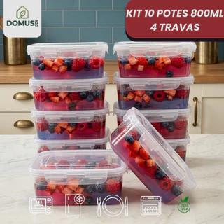 Kit Jogo 10 Potes Marmitas 800ml com 4 Travas Herméticas Transparente sem BPA Freezer Micr