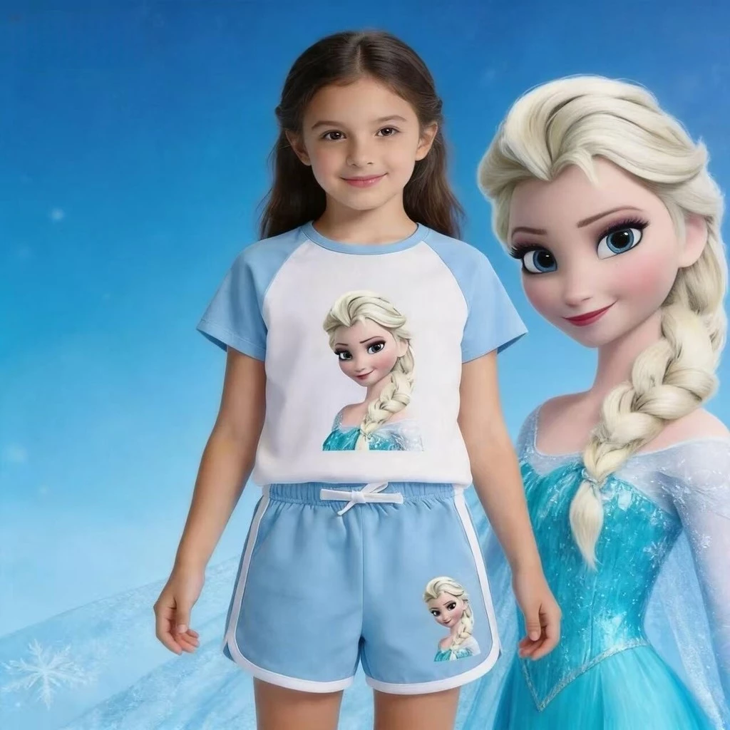 Crianças moda terno moda moda moda feminina de manga curta elsa princesa camiseta roupas de algodão puro elsa Shorts de