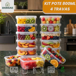 Kit Conjunto Potes Marmitas 800ml com 4 Travas Herméticas Transparente Reutilizáveis BPA F