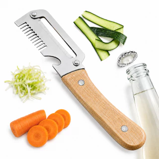 Descascador De Legumes 4 em 1 Cortador Julienne Aço Inox 304 Cabo Madeira Abridor de Garra
