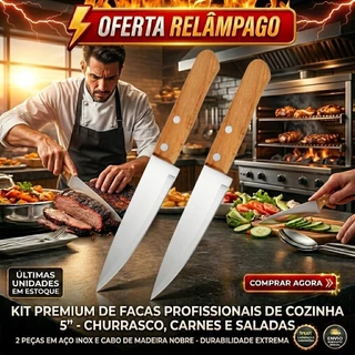 Kit 2 peças Faca de Cozinha Aço Inox Cabo de Madeira 5´´ Carne Salada Legumes Churrasco