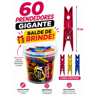 BALDE Prendedor de Roupas Plastico GIGANTE - KIT 60 / 48 / 36 - Cores Vivas - Super Reforç