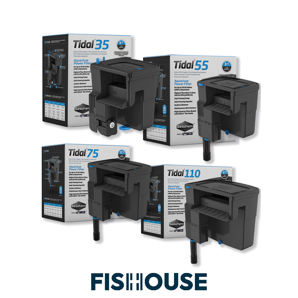Filtro externo hang-on Seachem Tidal 55 preto, caixa retangular com bomba interna e cesto de mídia visível pela tampa