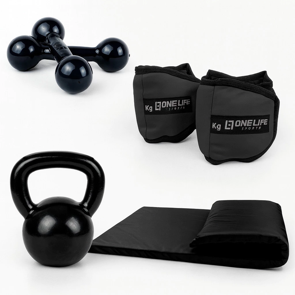 Kit Aeróbico Em Casa Caneleira 2 Kg + Colchonete + Halter 2 + Kettlebell emborrachado 4 kg