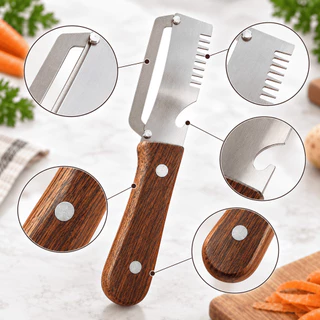 Descascador 3 em 1 de Legumes Multifuncional Aço Inox Cabo Madeira Abridor Ralador