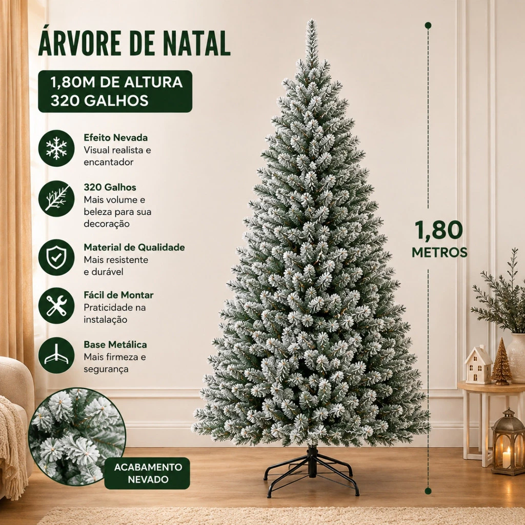 Árvore de Natal Nevada 1,80m com 320 Galhos Árvore de Natal 180cm Branca Volumosa