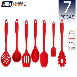 Kit Utensílios Silicone 7 ou 5 Peças Cozinha Antiaderente Espátula Colher Concha Pegador P