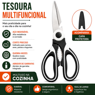 Tesoura Multiuso de Cozinha em Aço Inox para Carnes Frango Peixes com Quebra-Nozes e Abrid