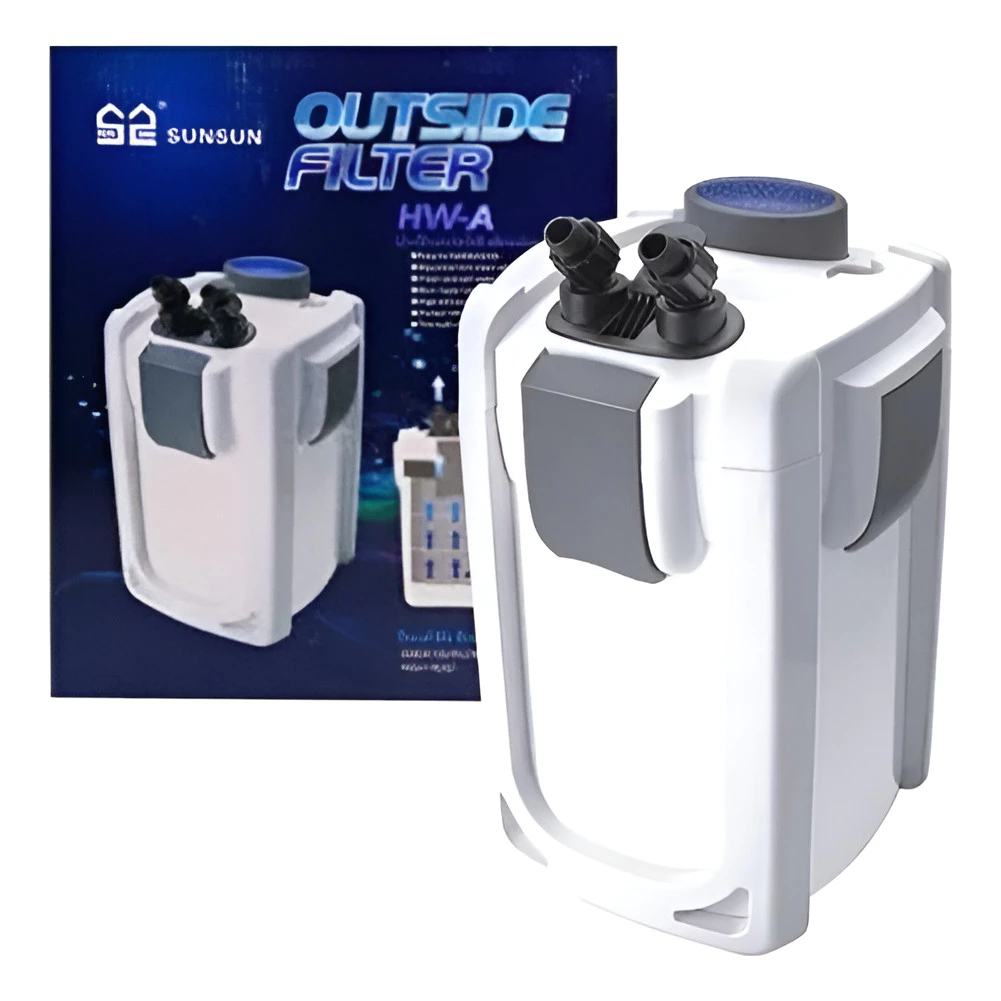 Filtro canister SunSun HW-702B, corpo cilíndrico branco e azul com cabeçote escuro e módulo UV, mangueiras e conexões ao lado