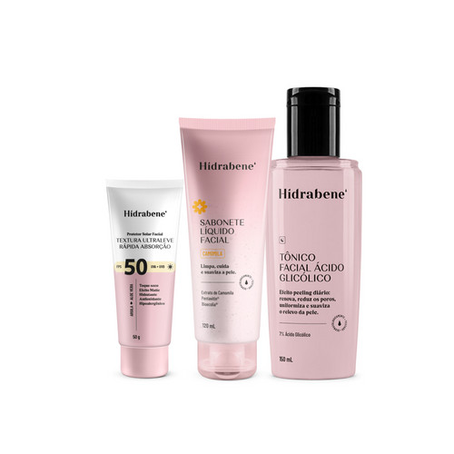 Kit Peeling Glow Up Hidrabene: Tônico Glicólico 7% + Sabonete + Protetor Solar
