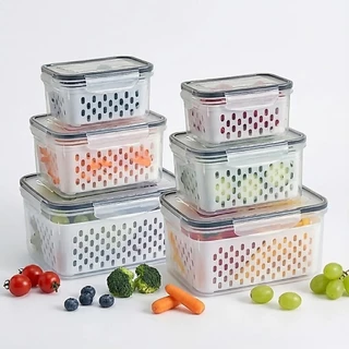 Kit Potes Herméticos Organizador de Geladeira Legumes Frutas Com Cesto Removível