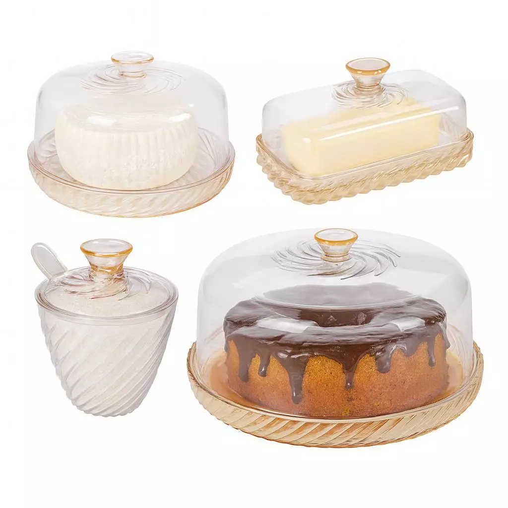 Kit Mesa Posta Queijeira Boleira Açucareiro Manteigueira Amarelo e Incolor Twist 4 Peças Plasútil