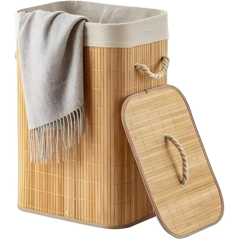 Cesto De Roupa Suja Bambu Com Tampa e Alças Forrado Organizador Grande