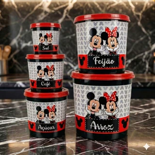 Jogo De Mantimentos 5 Peças Mickey e Minnie Kit Porta Alimentos Cozinha Organizada Premium